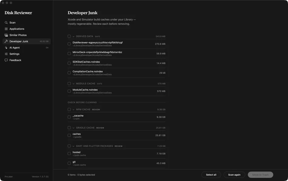 The Developer Junk view: build caches, package caches and simulators grouped by category, each marked safe or review